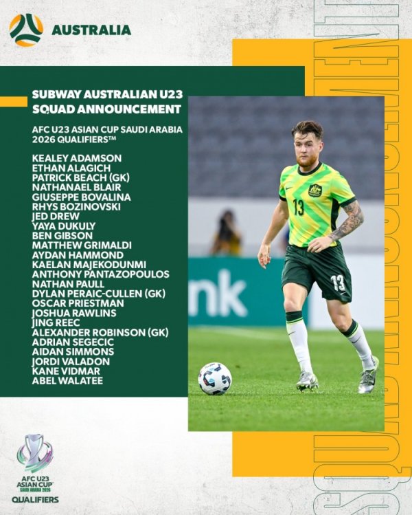 澳大利亚U23公布U23亚初赛大名单，9月1日阐明23东谈主名单