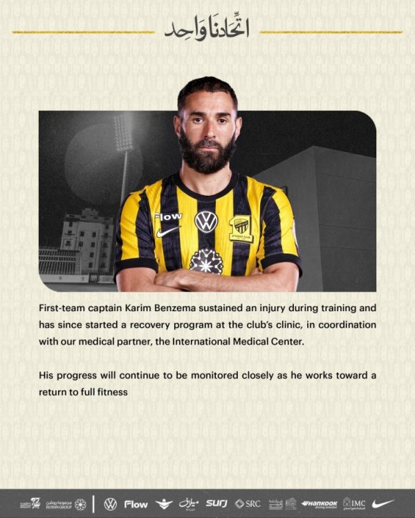 吉达荟萃官方：本泽马在锤真金不怕火中受伤，当今已为其启动康复贪图