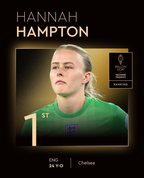 官方：切尔西、英格兰女足门将汉娜-汉普顿获取2025年女足雅辛奖