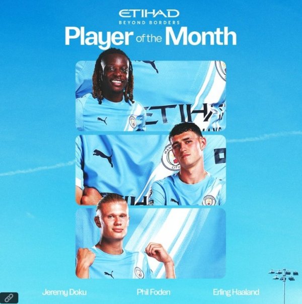 曼城官方9月队内最好球员候选：哈兰德领衔，多库、福登在列